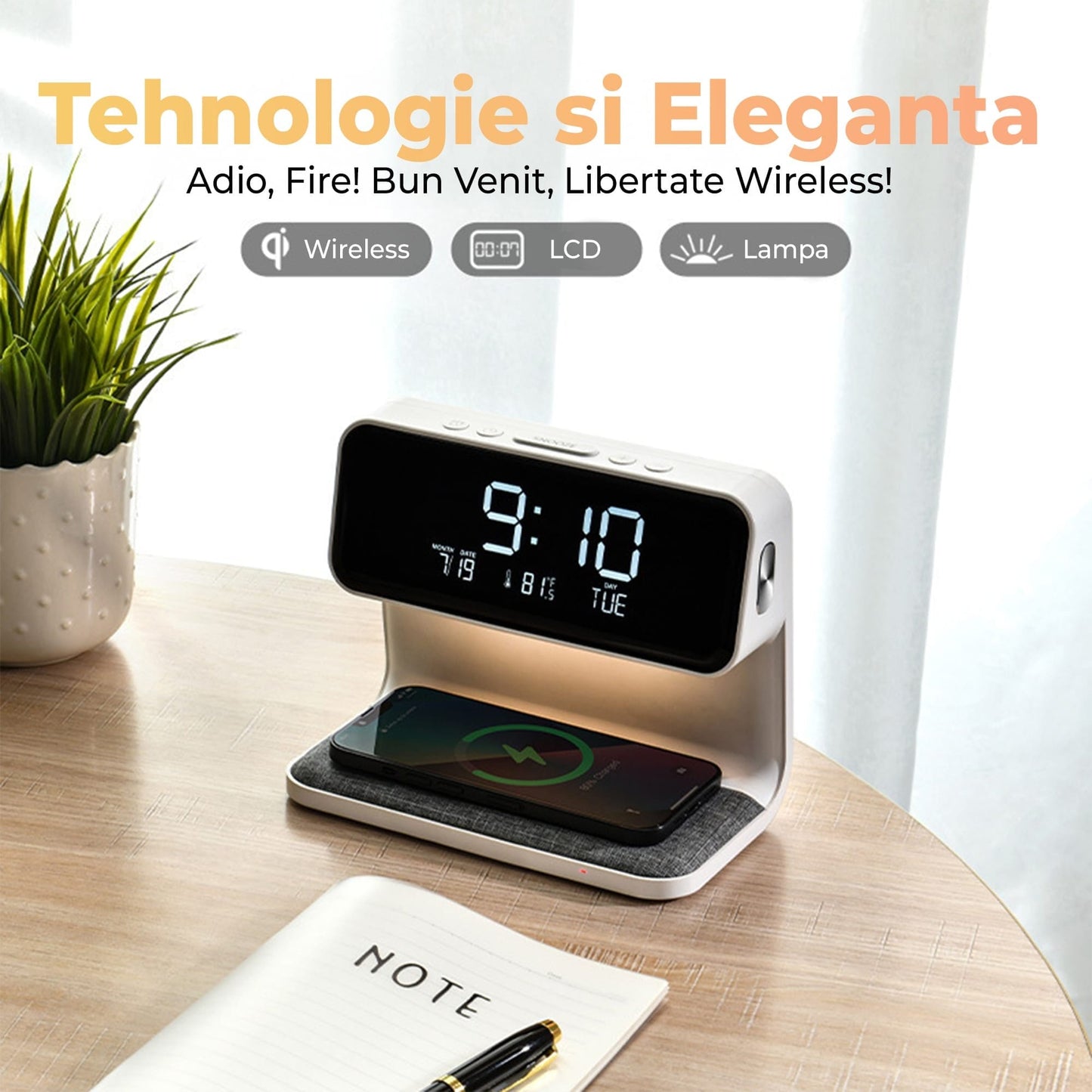 Incarcator Wireless Timebox, 10W, cu ceas digital si alarma, Alb