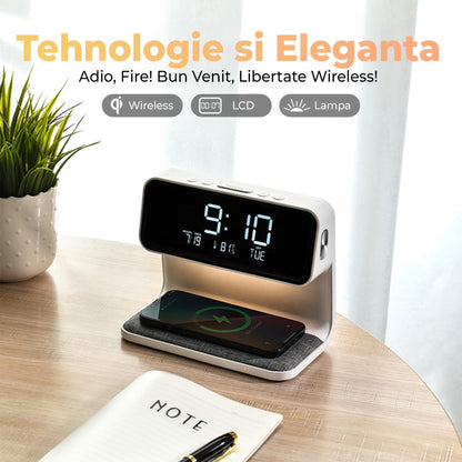 Incarcator Wireless Timebox, 10W, cu ceas digital si alarma, Alb