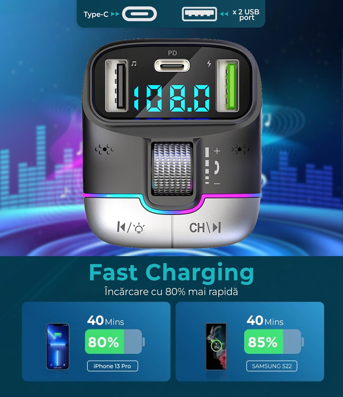 Modulator FM Timebox, GZ01, Hands-Free, QC 3, USB, Port USB Type-C, Bluetooth 5