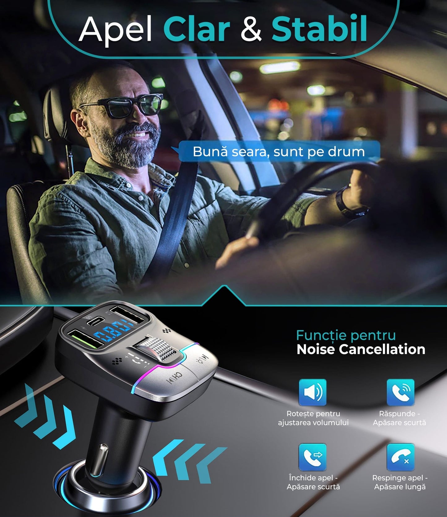 Modulator FM Timebox, GZ01, Hands-Free, QC 3, USB, Port USB Type-C, Bluetooth 5