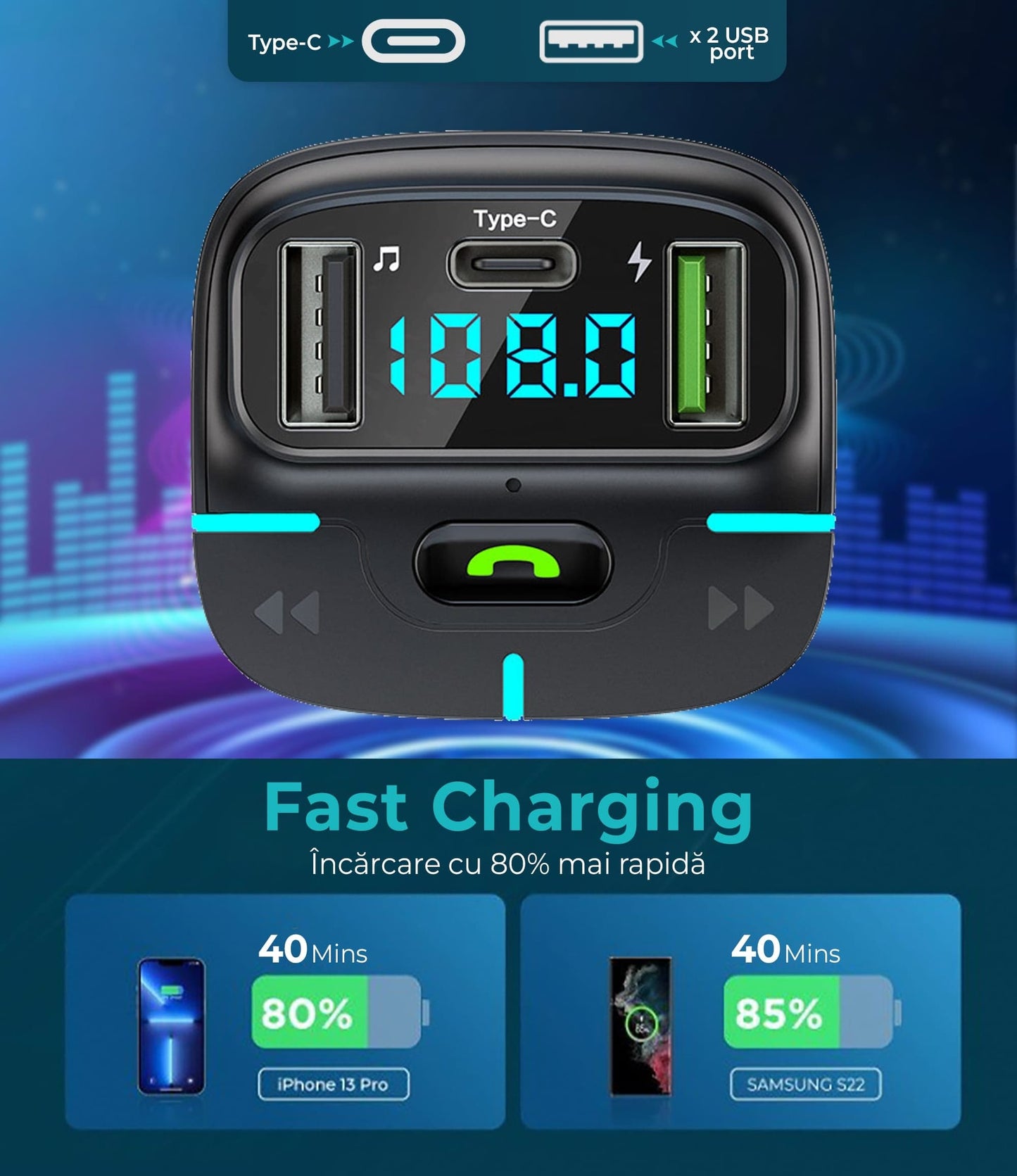 Modulator FM Timebox, GZ03, Handfree, QC 3, USB, Port USB Type-C, Bluetooth 5