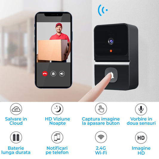 Sonerie Video Camera Wireless Timebox, 720P, cu microfon audio, Negru