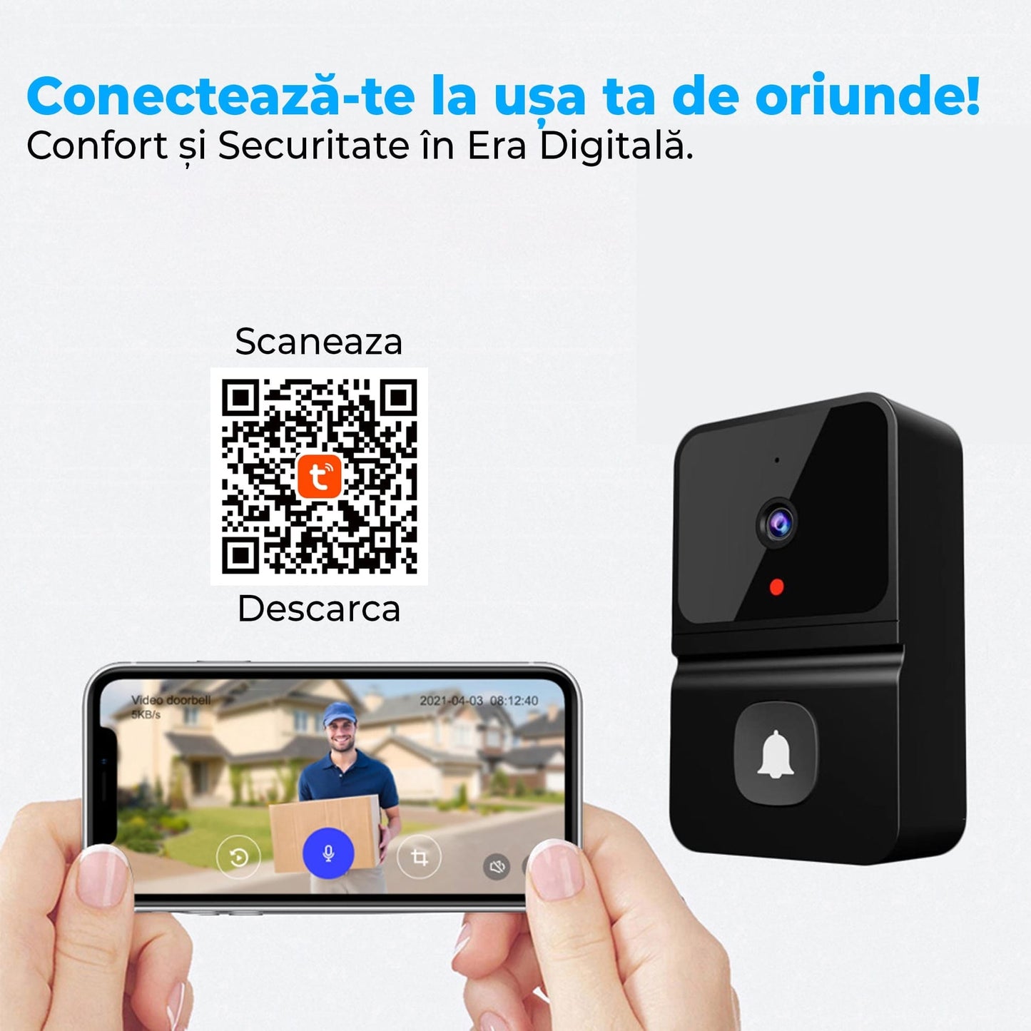 Sonerie Video Camera Wireless Timebox, 720P, cu microfon audio, Negru