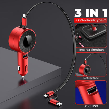 Incarcator auto Super Fast Charge Timebox, 3 in 1, Cablu Retractabil USB-C, Rosu