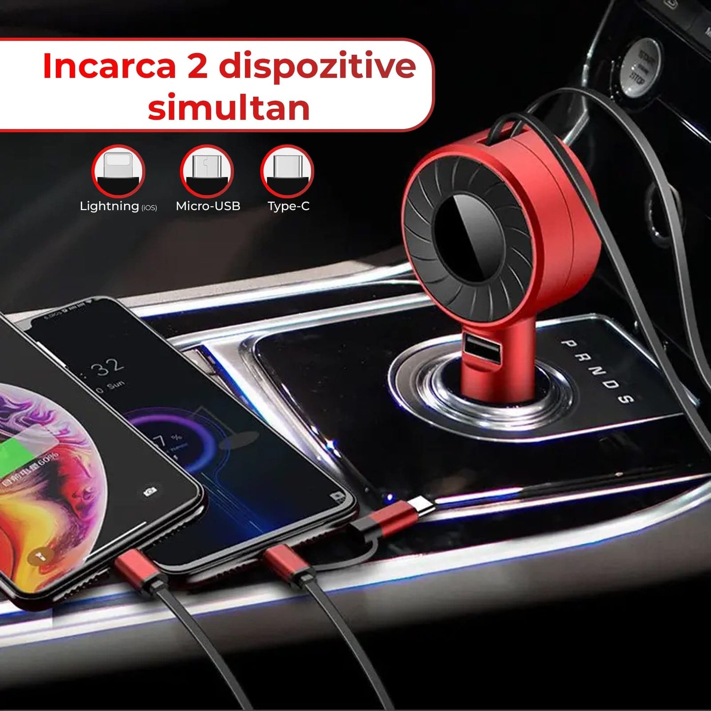 Incarcator auto Super Fast Charge Timebox, 3 in 1, Cablu Retractabil USB-C, Rosu