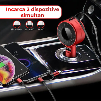 Incarcator auto Super Fast Charge Timebox, 3 in 1, Cablu Retractabil USB-C, Rosu