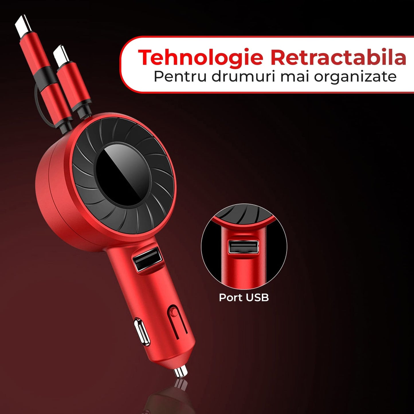 Incarcator auto Super Fast Charge Timebox, 3 in 1, Cablu Retractabil USB-C, Rosu