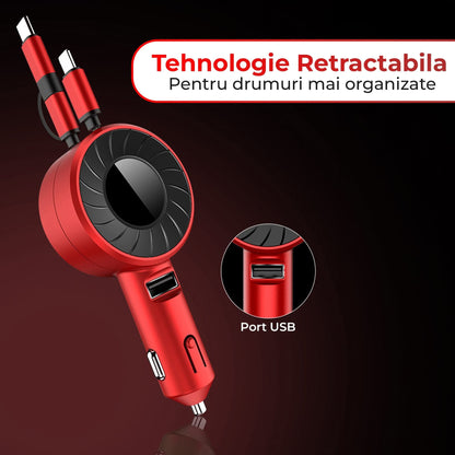 Incarcator auto Super Fast Charge Timebox, 3 in 1, Cablu Retractabil USB-C, Rosu