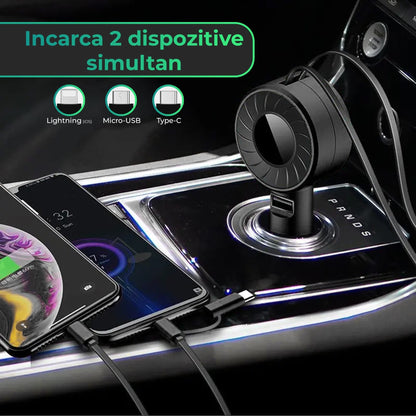 Incarcator auto Super Fast Charge Timebox, 3 in 1, Negru