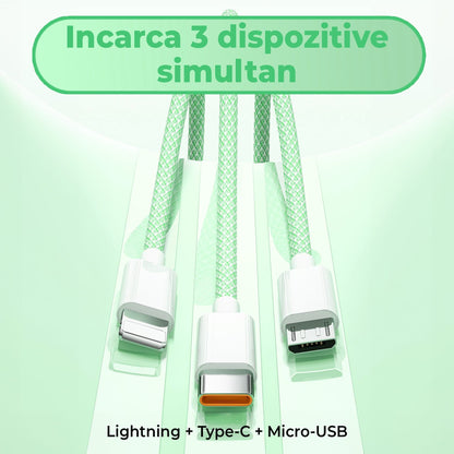 Cablu Date si Incarcare Rapida Timebox, 3 in 1, 66W, 1,2m, QC 3, USB, Verde