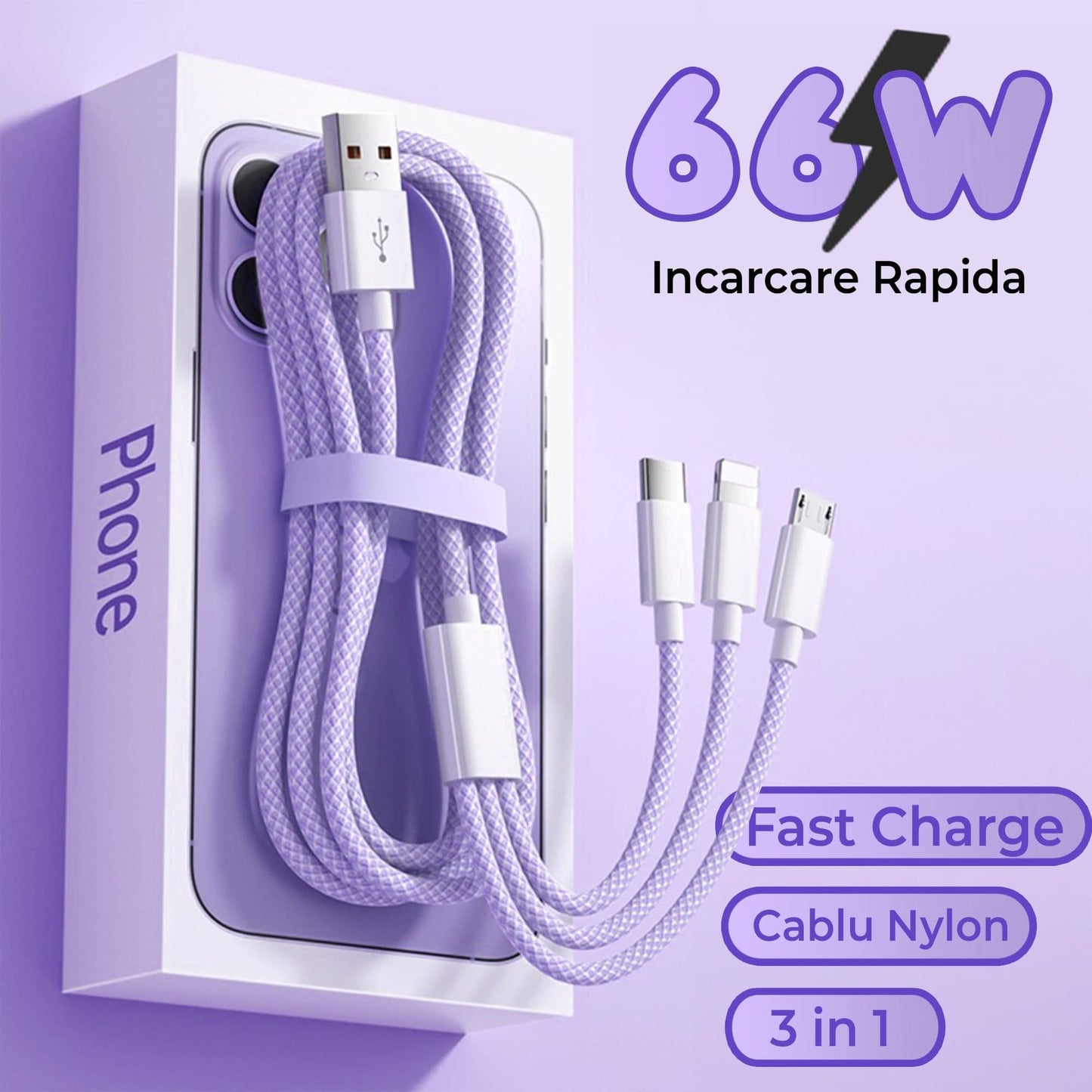 Cablu Date si Incarcare Rapida Timebox, 3 in 1, 66W, 1,2m, QC 3, USB, Mov
