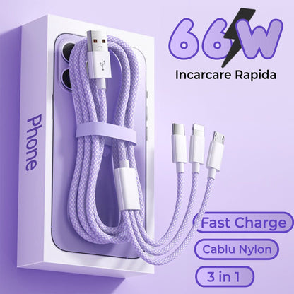 Cablu Date si Incarcare Rapida Timebox, 3 in 1, 66W, 1,2m, QC 3, USB, Mov