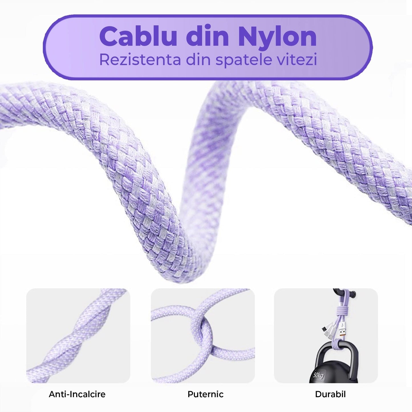 Cablu Date si Incarcare Rapida Timebox, 3 in 1, 66W, 1,2m, QC 3, USB, Mov
