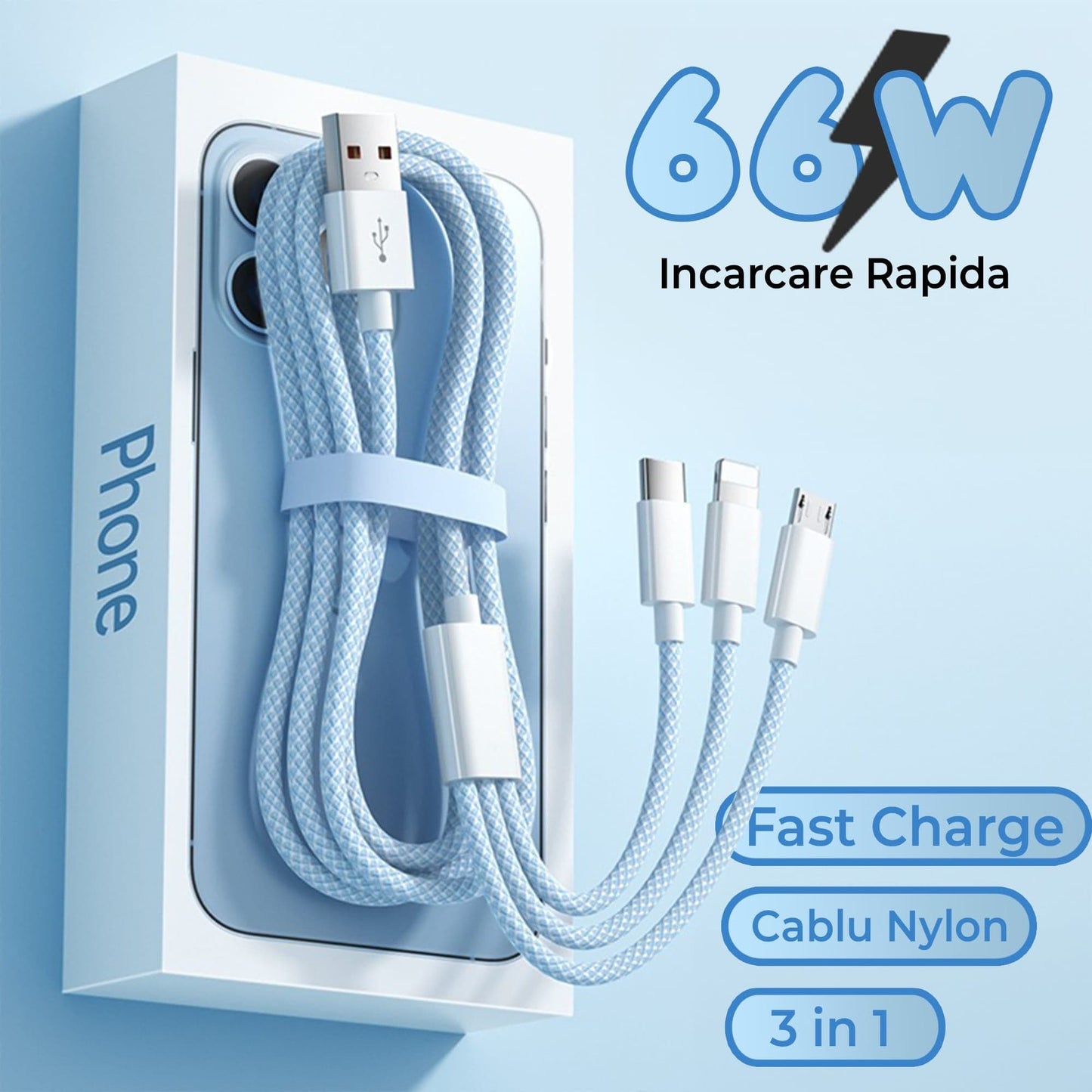 Cablu Date si Incarcare Rapida Timebox, 3 in 1, 66W, 2m, QC 3, USB, Albastru