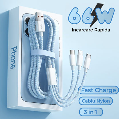 Cablu Date si Incarcare Rapida Timebox, 3 in 1, 66W, 2m, QC 3, USB, Albastru