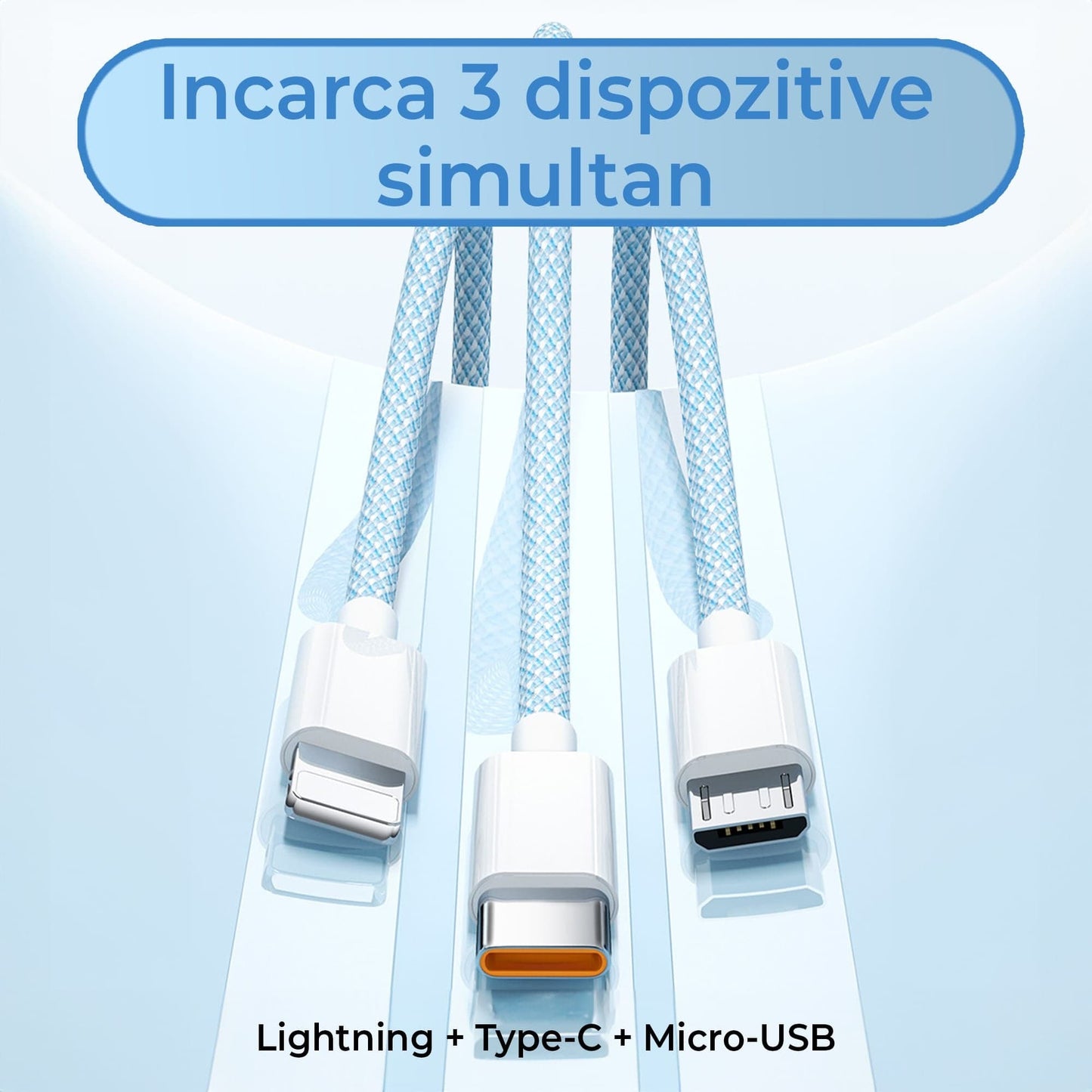 Cablu Date si Incarcare Rapida Timebox, 3 in 1, 66W, 2m, QC 3, USB, Albastru