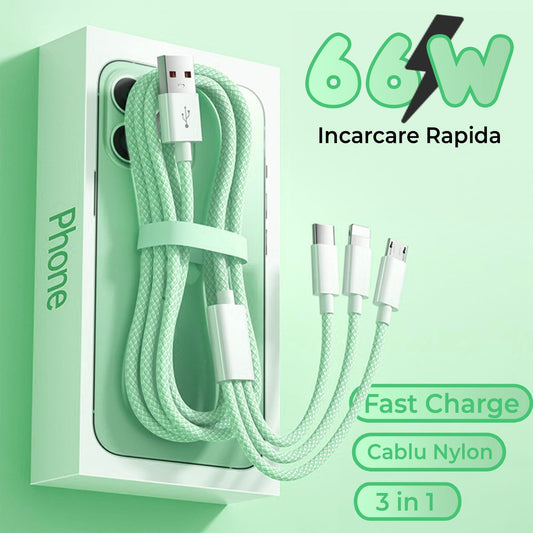 Cablu Date si Incarcare Rapida Timebox, 3 in 1, 66W, 2m, QC 3, USB, Verde