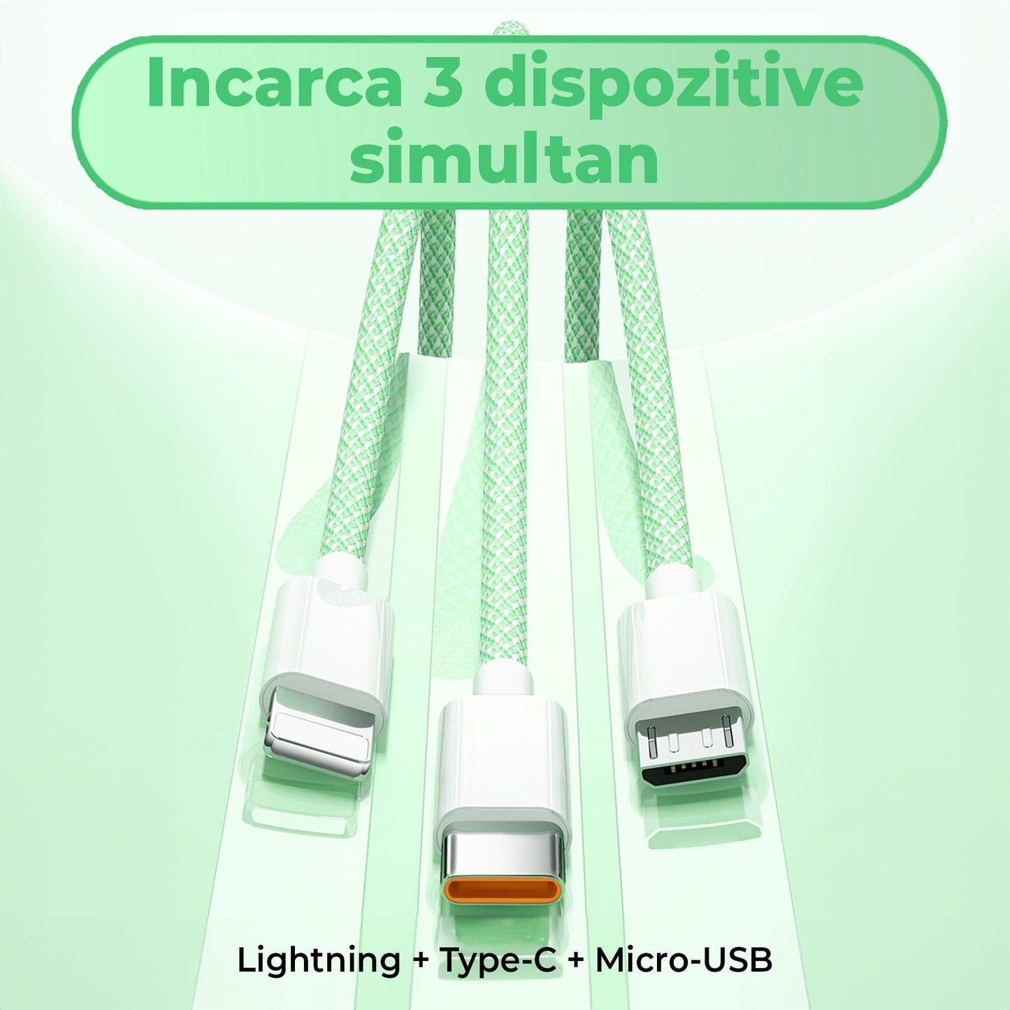 Cablu Date si Incarcare Rapida Timebox, 3 in 1, 66W, 2m, QC 3, USB, Verde
