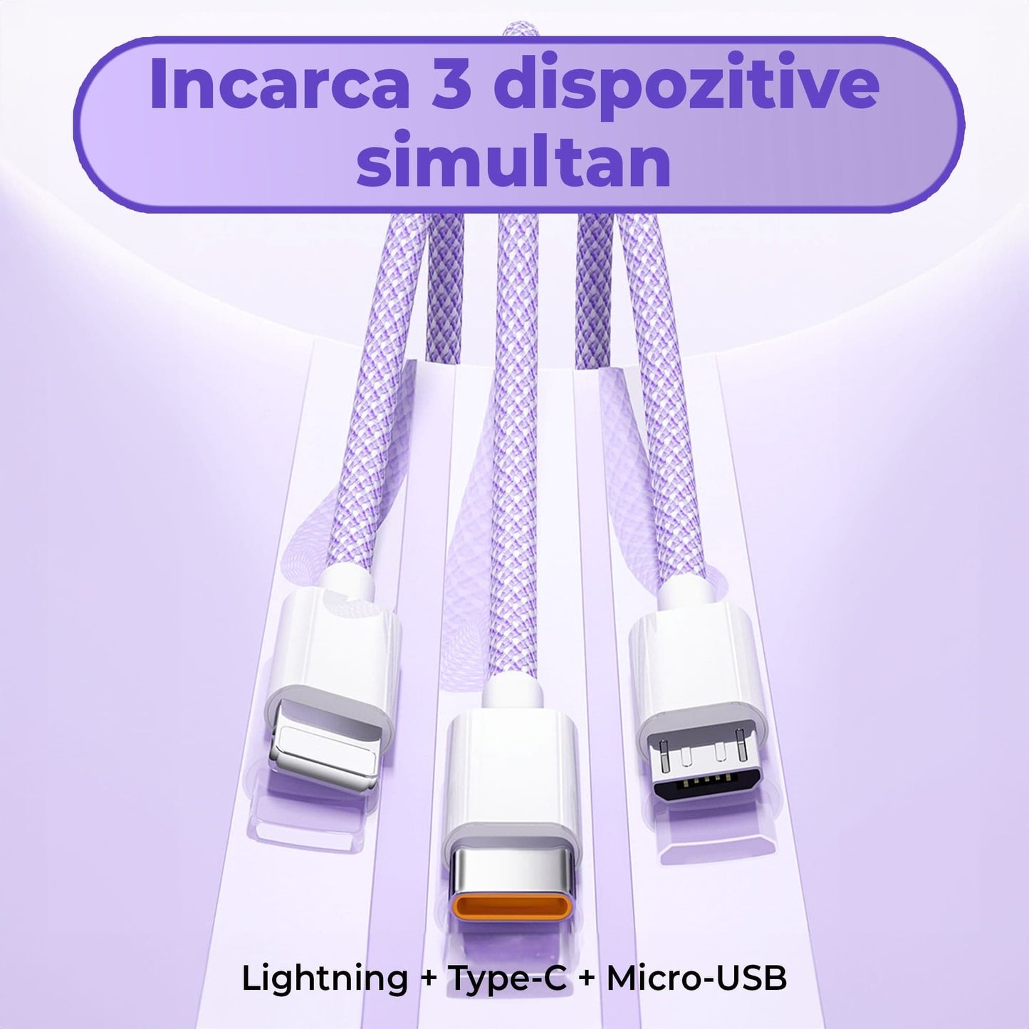 Cablu Date si Incarcare Rapida Timebox, 3 in 1, 66W, 2 m, QC 3, USB, Type-C, Mov