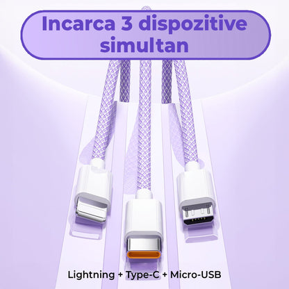 Cablu Date si Incarcare Rapida Timebox, 3 in 1, 66W, 2 m, QC 3, USB, Type-C, Mov