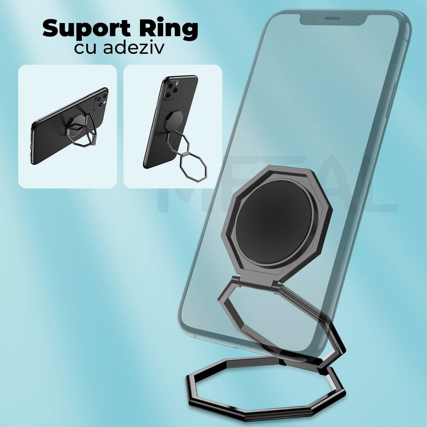 Suport Timebox, Ring Grip, cu adeziv, suport telefon, Samsung, Huawei, Negru