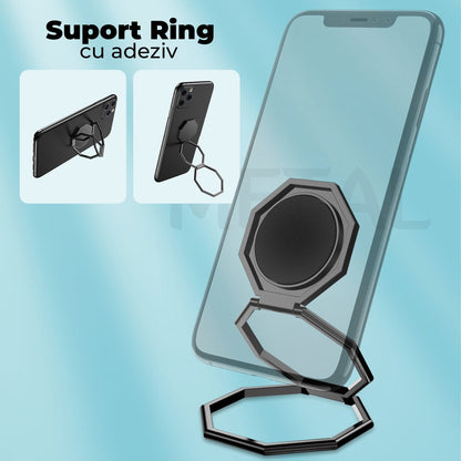 Suport Timebox, Ring Grip, cu adeziv, suport telefon, Samsung, Huawei, Negru