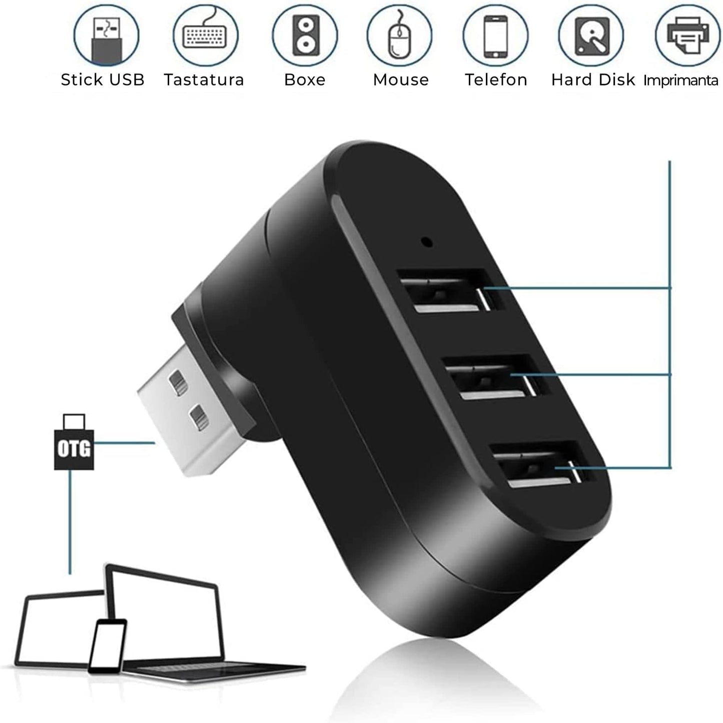 Hub USB extern 3 in 1, Adaptor cu 3 porturi, USB 3, Alb