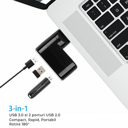 Hub USB extern 3 in 1, Adaptor cu 3 porturi, USB 3, Alb