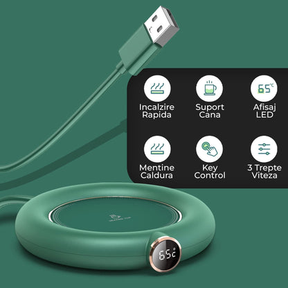Incalzitor inteligent pentru cana Timebox, cu USB, pana la 75°C, 3 trepte, Verde