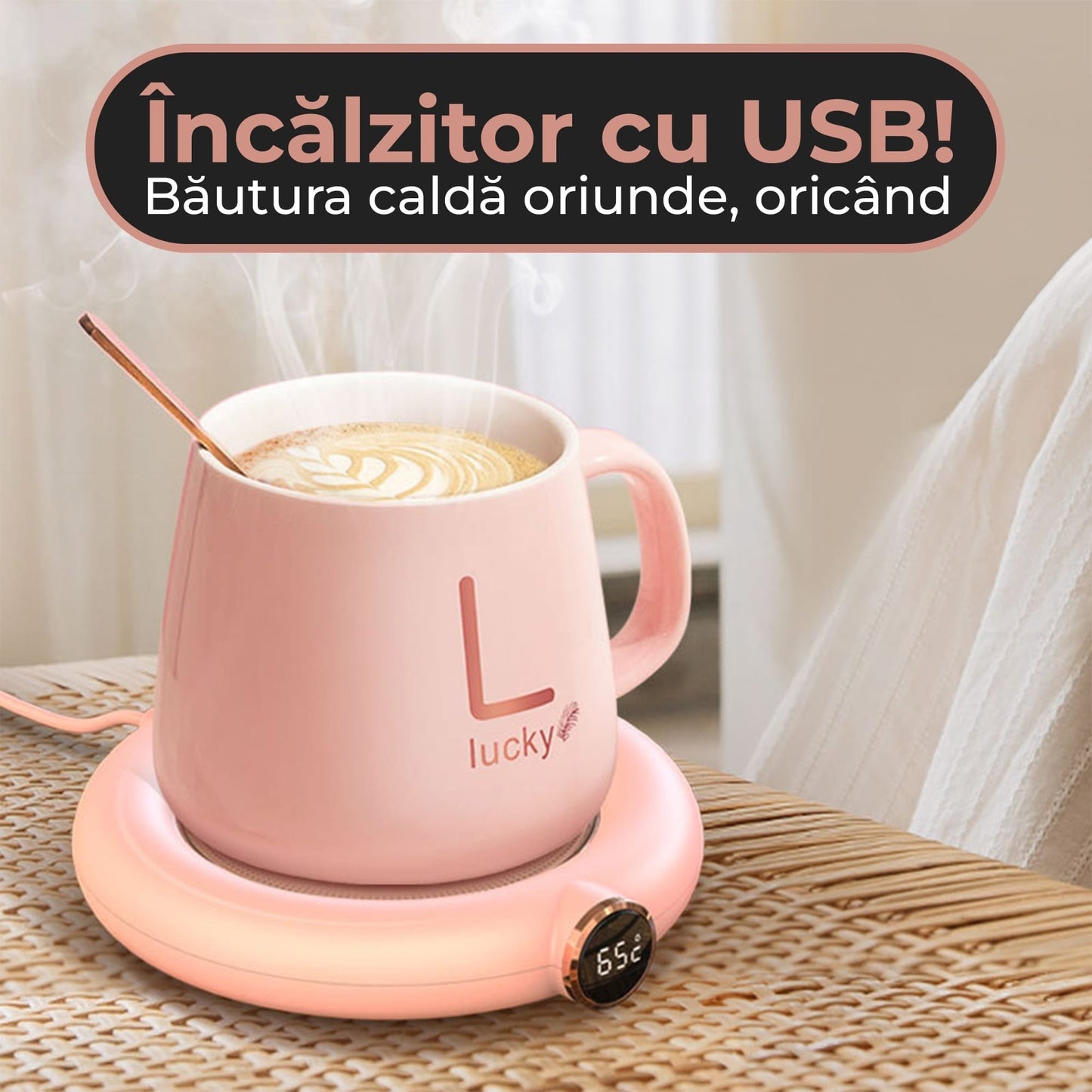 Incalzitor inteligent pentru cana Timebox, cu USB, pana la 75°C, 3 trepte, Roz
