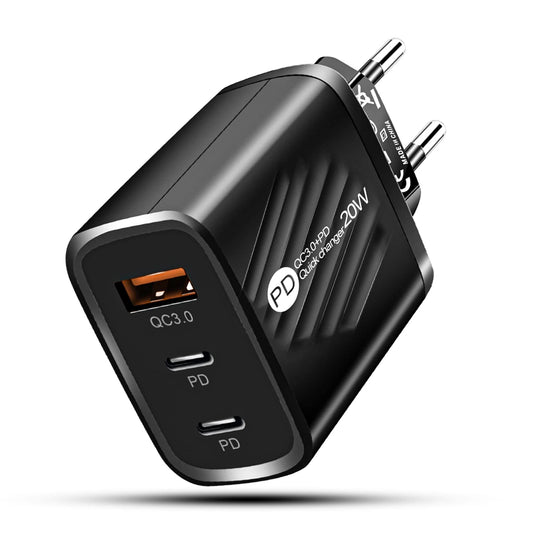 Incarcator Retea Timebox, 3 Porturi, 20W, 2 x Type-C, 1 x USB, LED, Negru