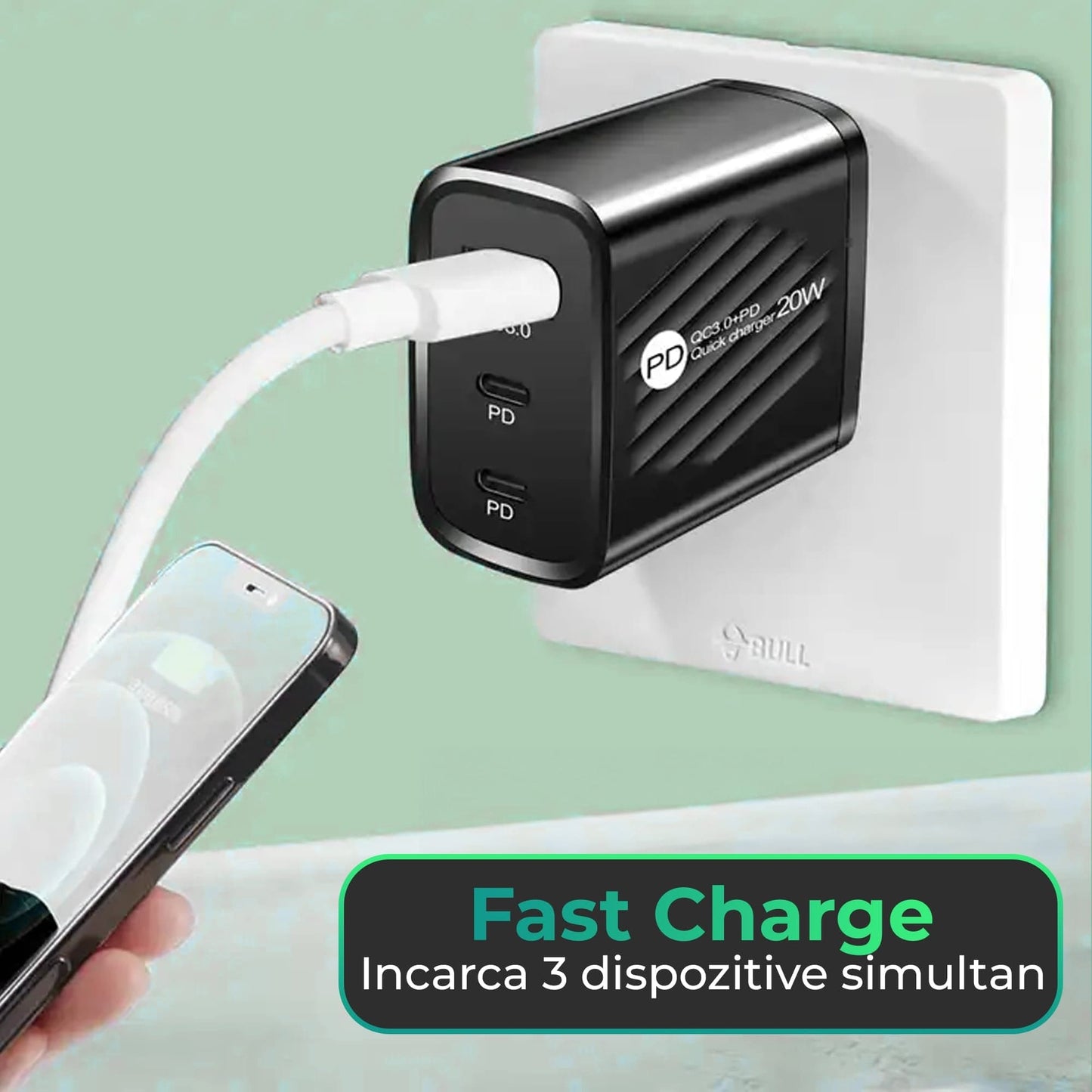Incarcator Retea Timebox, 3 Porturi, 20W, 2 x Type-C, 1 x USB, LED, Negru