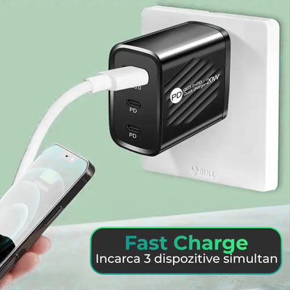 Incarcator Retea Timebox, 3 Porturi, 20W, 2 x Type-C, 1 x USB, LED, Negru