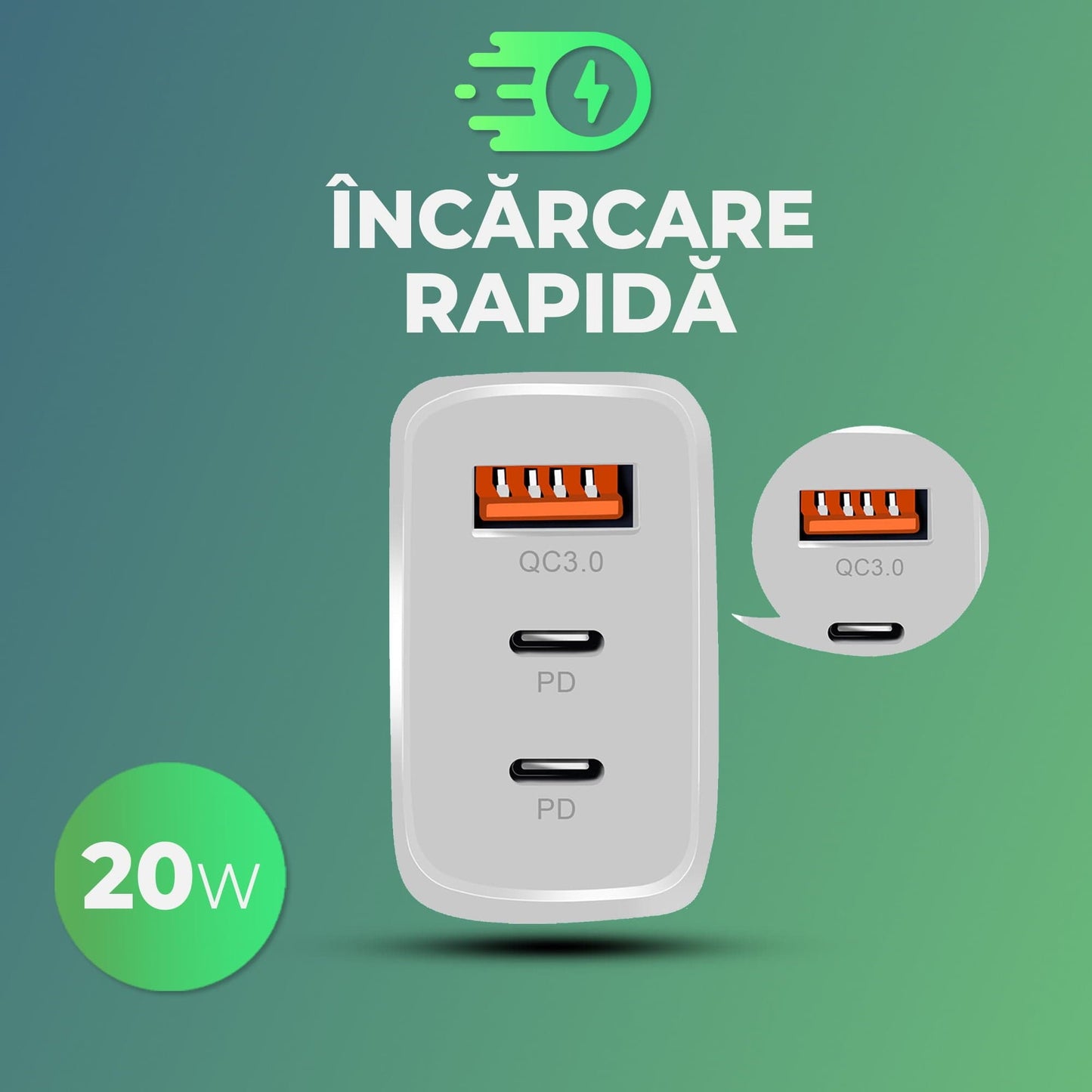 Incarcator Retea Timebox, 3 Porturi, 20W, 2 x Type-C, 1 x USB, LED, Negru