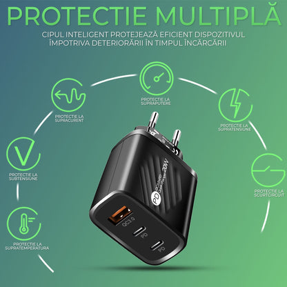Incarcator Retea Timebox, 3 Porturi, 20W, 2 x Type-C, 1 x USB, LED, Negru