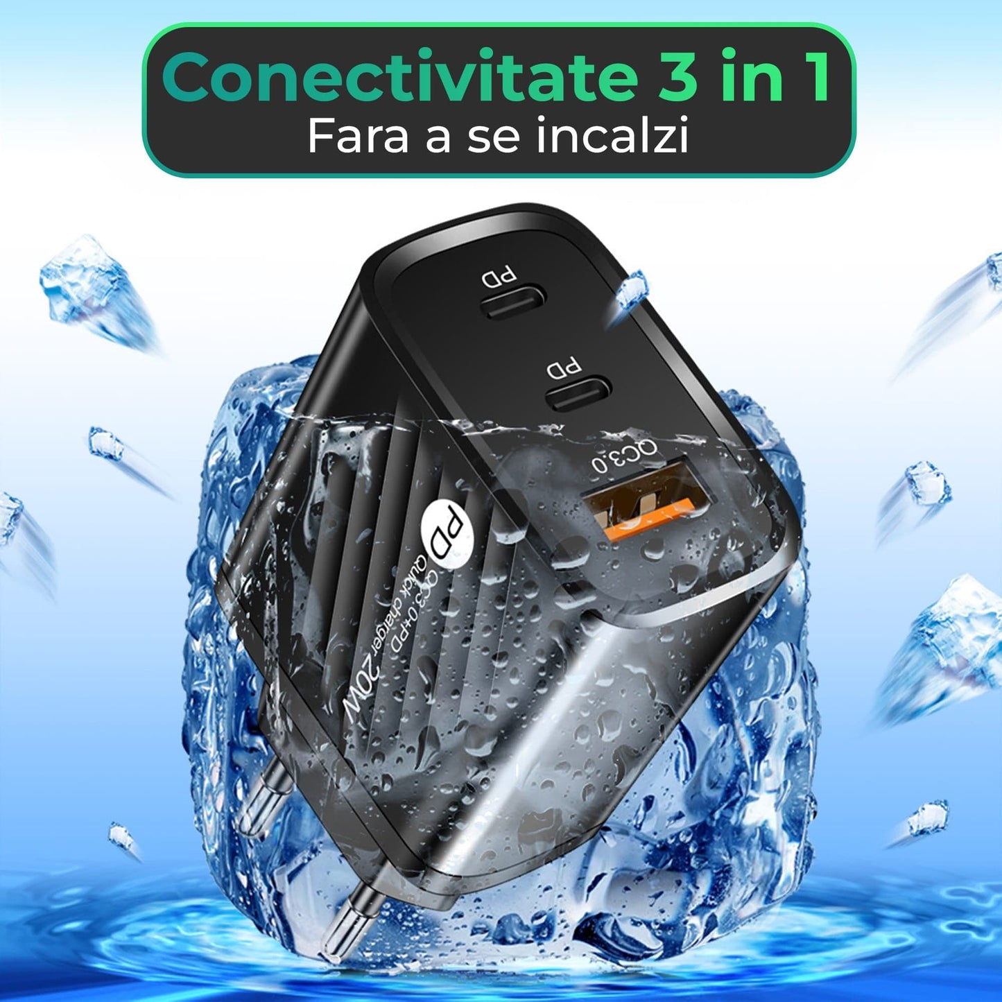 Incarcator Retea Timebox, 3 Porturi, 20W, 2 x Type-C, 1 x USB, LED, Negru