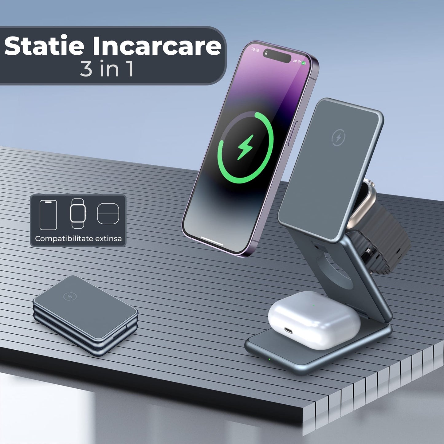 Incarcator Wireless Timebox, 15W, 3 In 1, Pliabil, Magsafe, Airpods, Apple Watch
