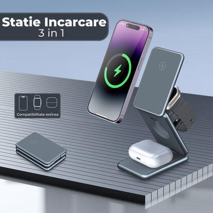 Incarcator Wireless Timebox, 15W, 3 In 1, Pliabil, Magsafe, Airpods, Apple Watch