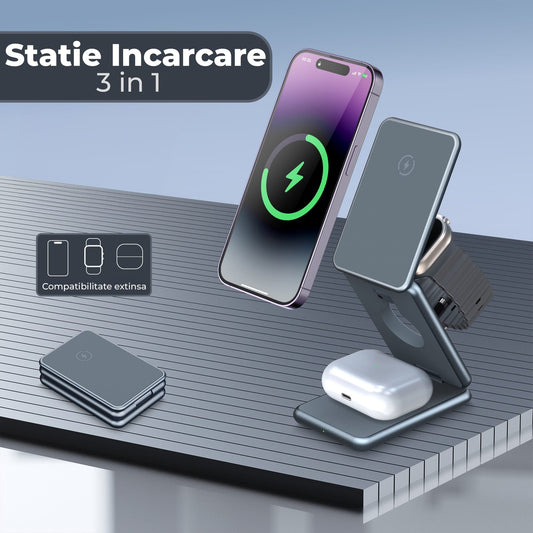 Incarcator Wireless Timebox, 15W, 3 In 1, Pliabil, Magsafe, Airpods, Apple Watch