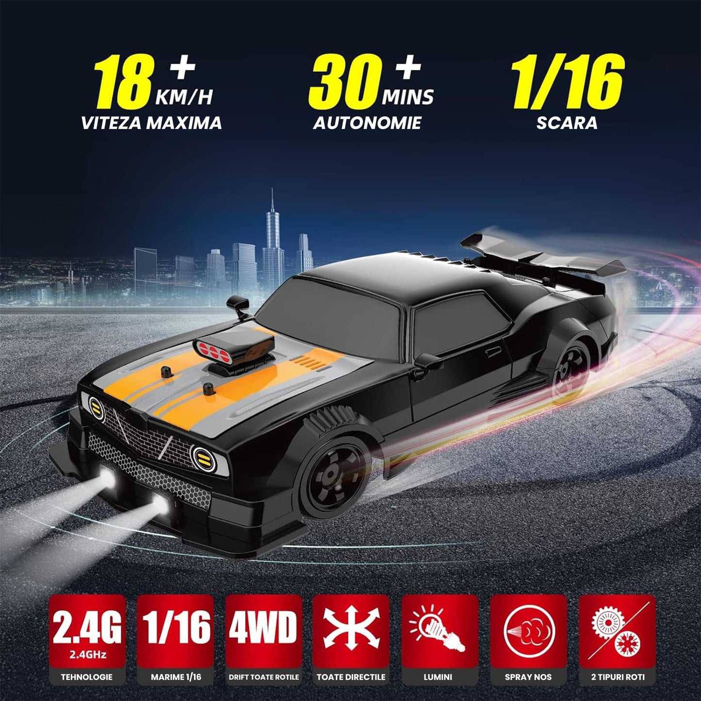 Masina cu telecomanda RC Timebox, 20km/h, 1:16, Drift car, Negru/Portocaliu