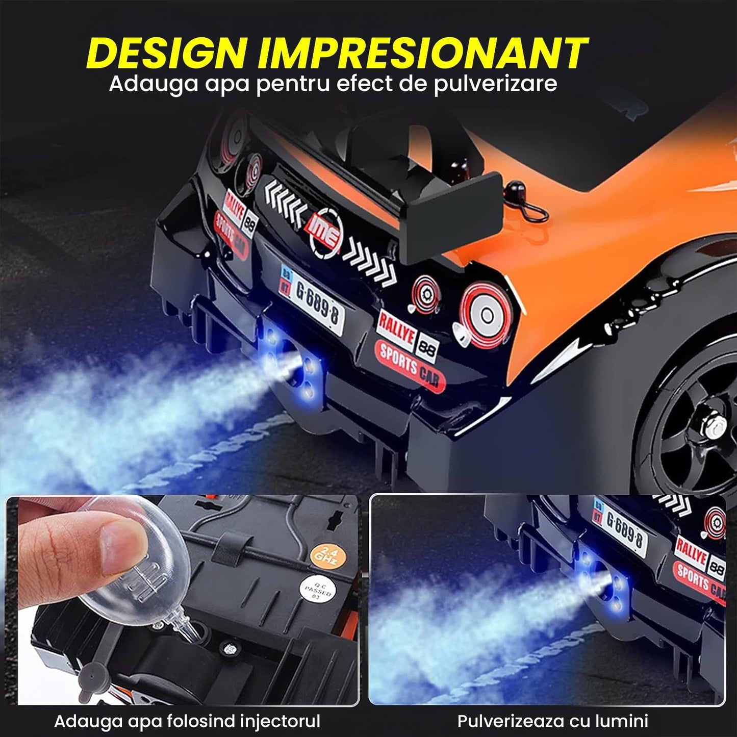 Masina cu telecomanda RC Timebox, 20km/h, 1:16, Drift car, Negru/Portocaliu