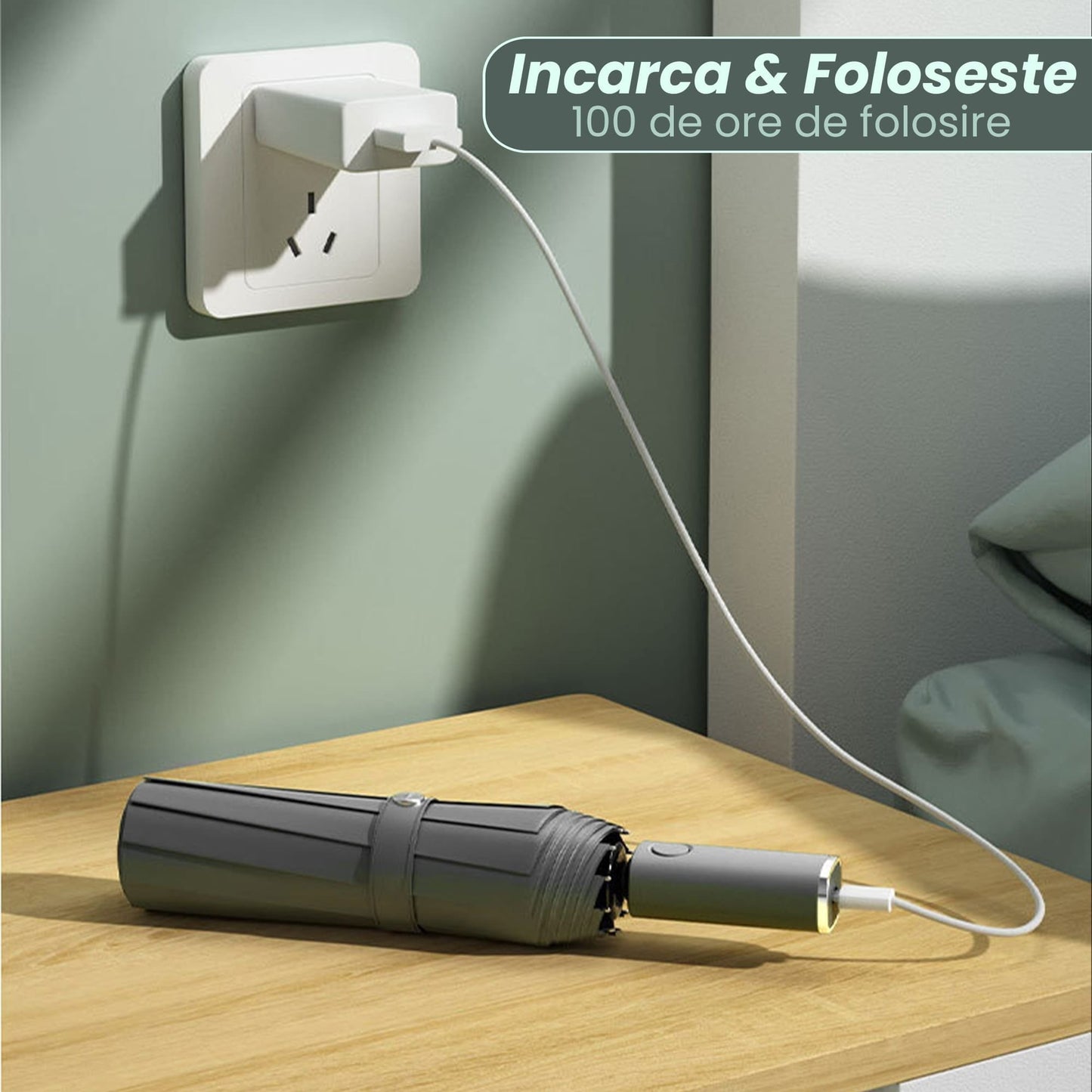 Umbrela pliabila Timebox, cu lanterna LED, Negru