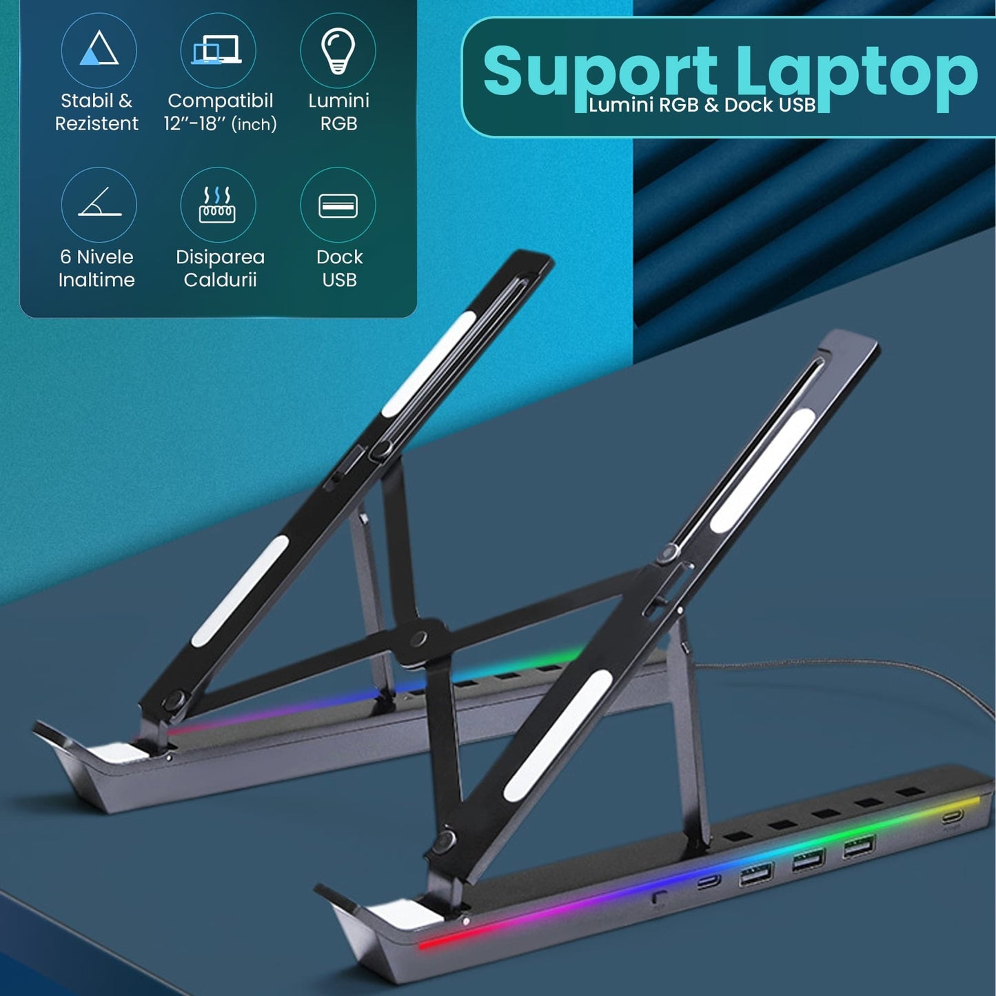 Suport pentru laptop si tableta 12-18" Timebox, Hub adaptor 3 x USB, Negru