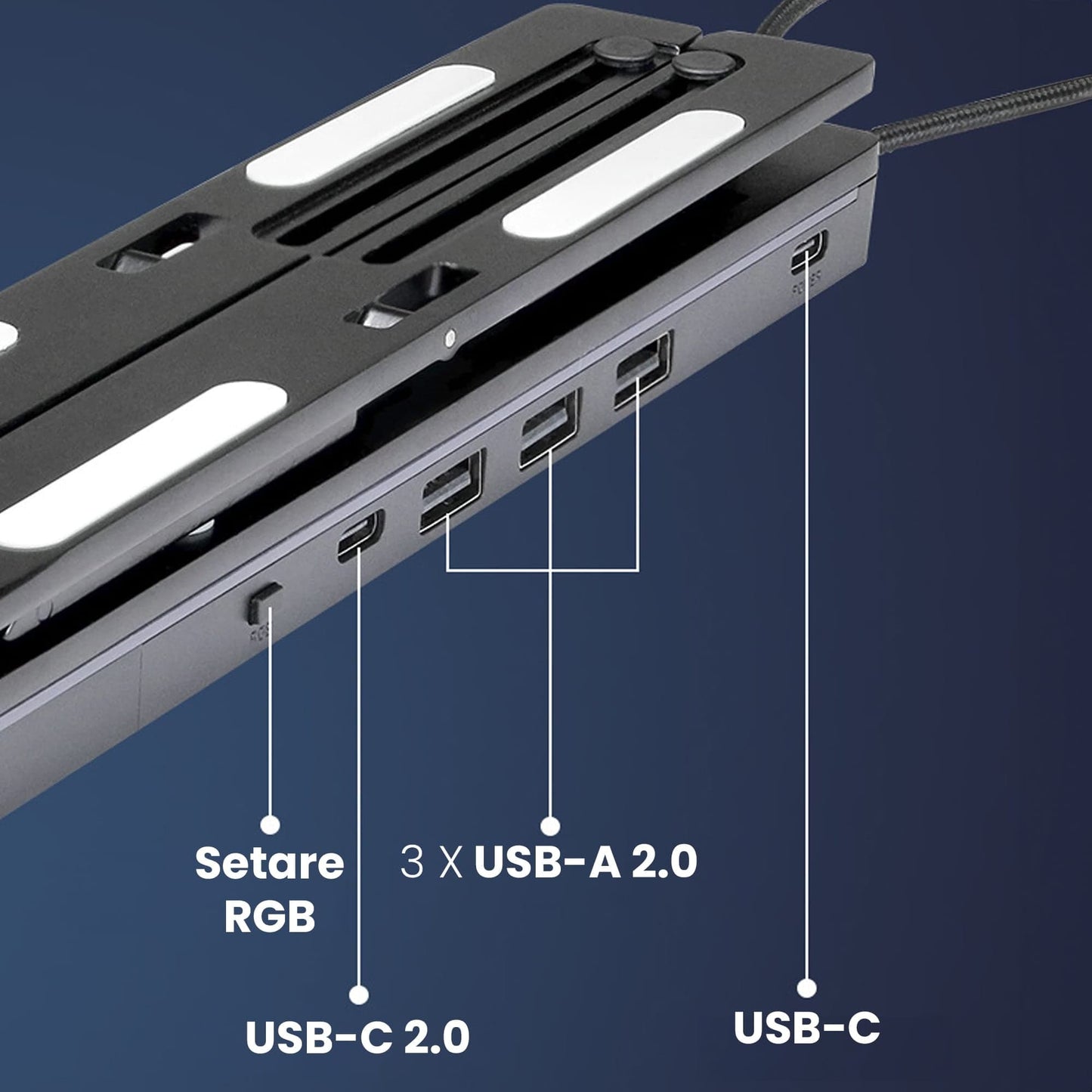 Suport pentru laptop si tableta 12-18" Timebox, Hub adaptor 3 x USB, Negru