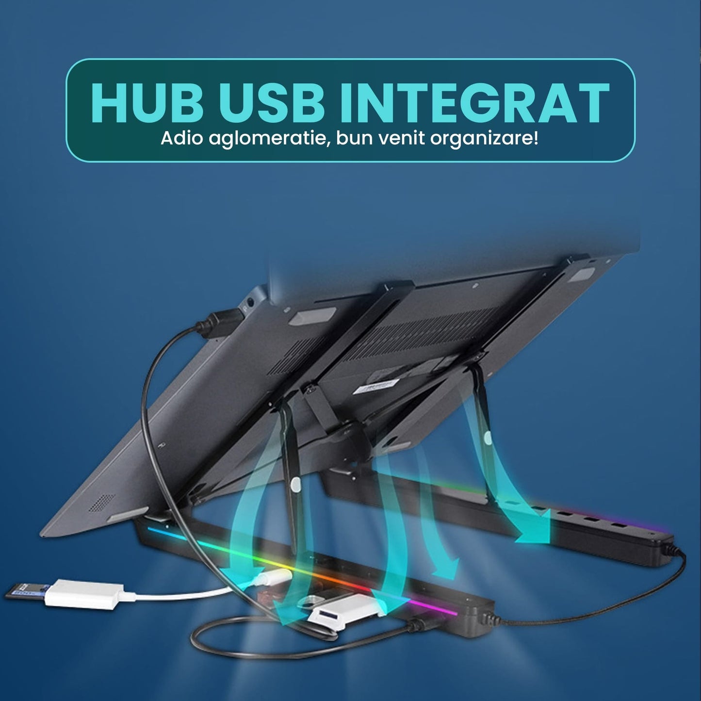 Suport pentru laptop si tableta 12-18" Timebox, Hub adaptor 3 x USB, Negru