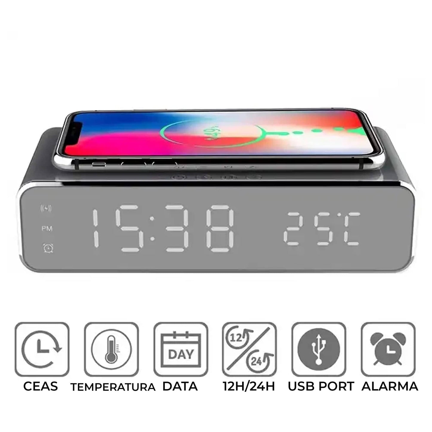 Incarcator Wireless Timebox, 10W, cu ceas digital si alarma, Samsung, Negru