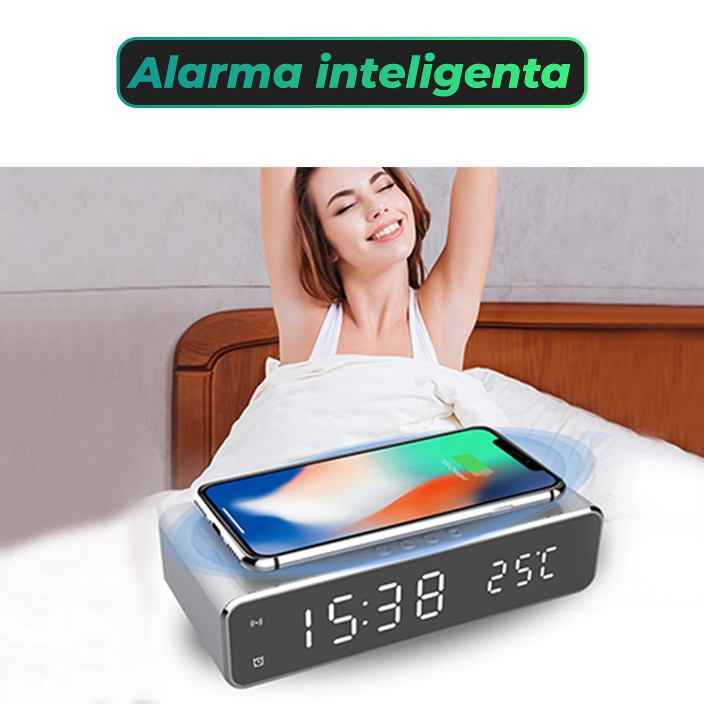 Incarcator Wireless Timebox, 10W, cu ceas digital si alarma, Samsung, Negru