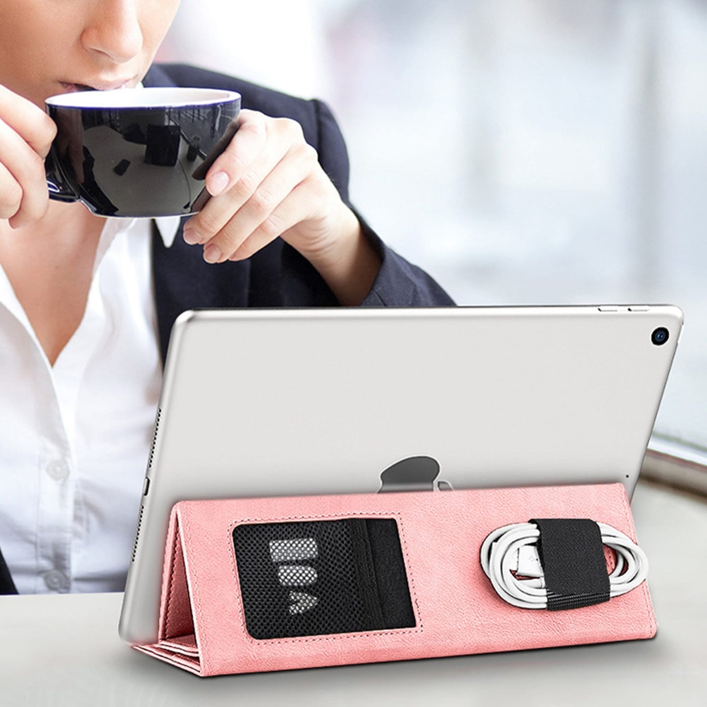 Husa pentru iPad 9 Timebox, 7"/10, 2"/10, 5"/11", cu suport pentru pix, Roz