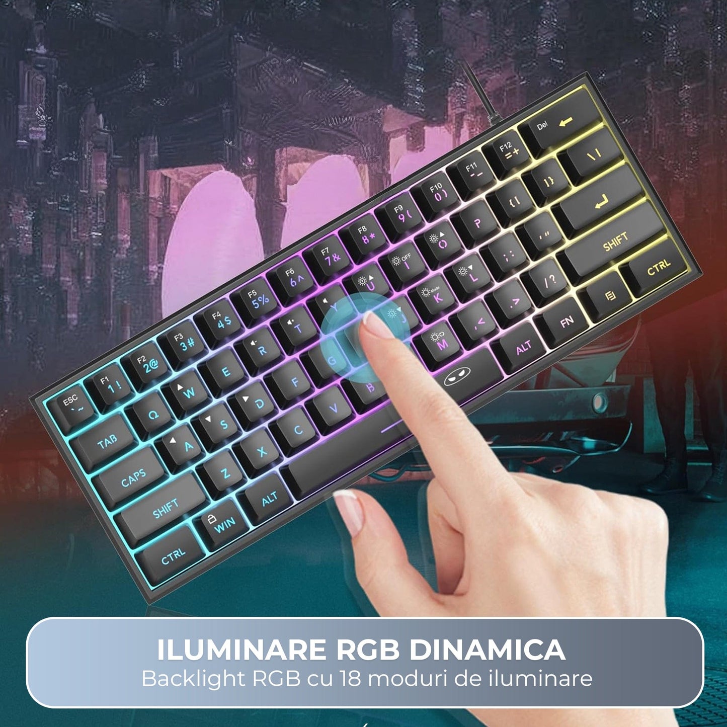 Tastatura Gaming 60% RGB TS91 Timebox, Compacta PC Laptop, Waterproof, Negru