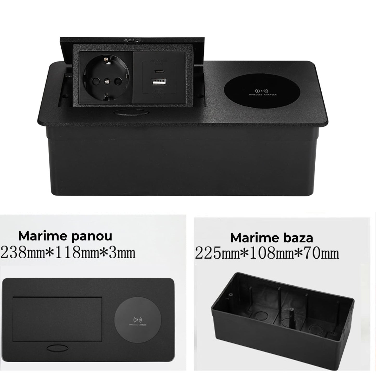 Priza incorporabila Timebox, in mobilier, blat bucatarie, masa sau birou, Negru